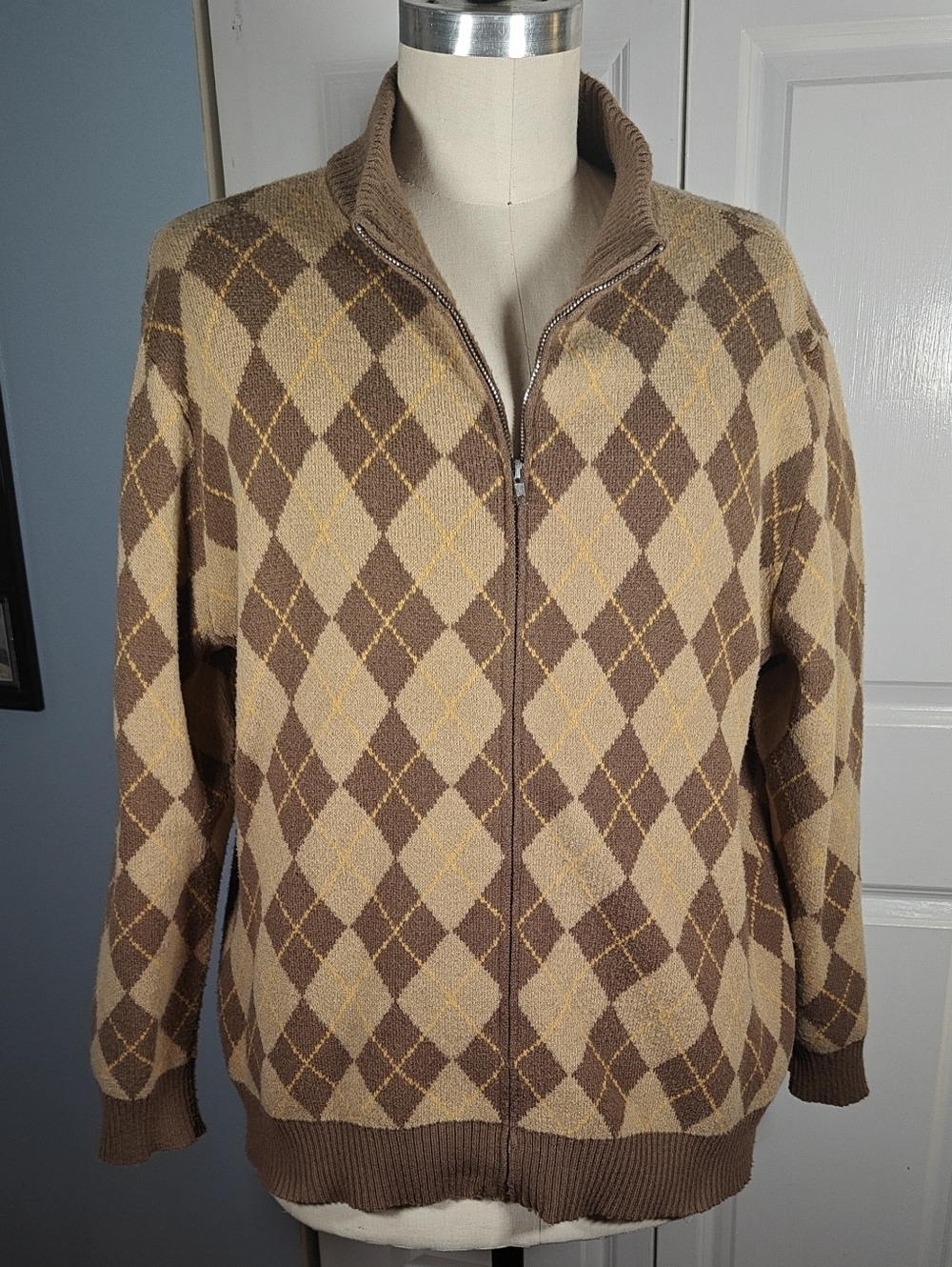 Paul Jones Men's Brown Tan Argyle Full Zip Cardigan Sweater 2XL
